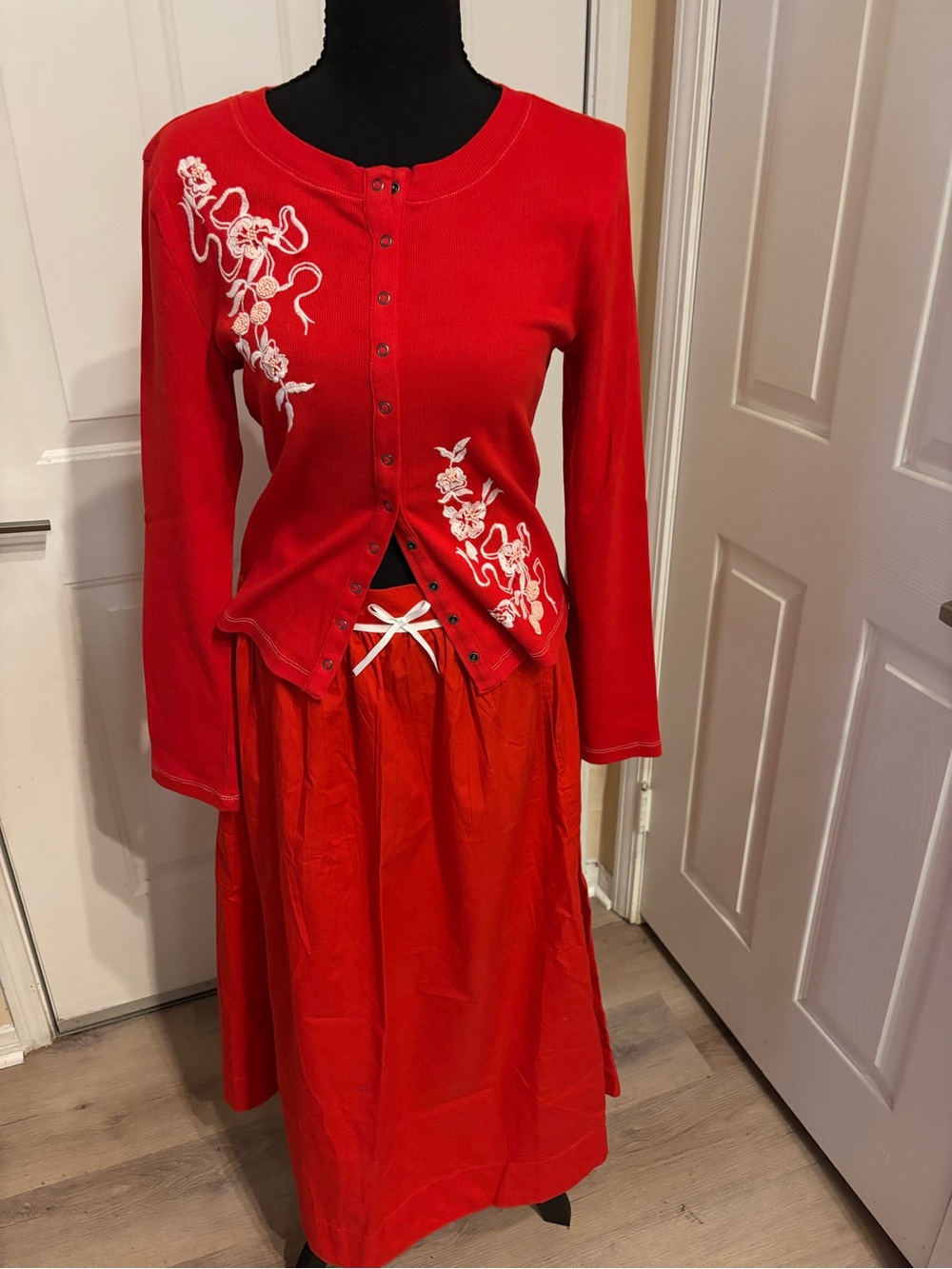 Free People Red Embroidered Cardigan & Maxi Skirt Set